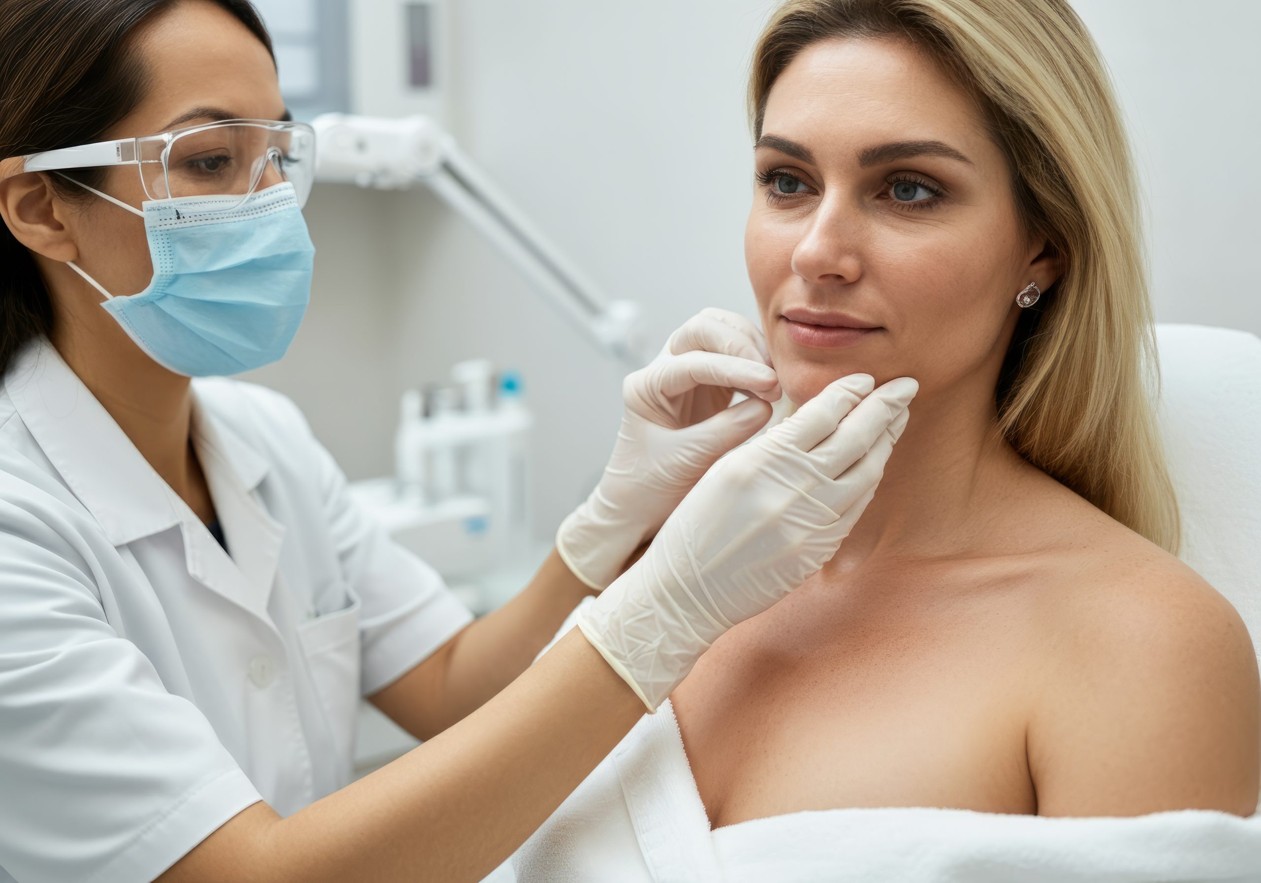 Doctor wearing gloves performing a skin exam on a female patient’s face, checking for melanoma or other skin conditions